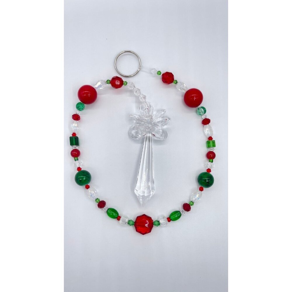 Beaded Christmas Suncatcher Red Green Clear Crystal Prism Hanging Patio Decor - Picture 7 of 9